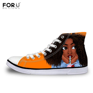 Youwuji Fashion Black Art African Girl Hair Women Afro Printing Woman High Top Canvas Breathable Flats Shoes Autumn Vulcanized Shoes