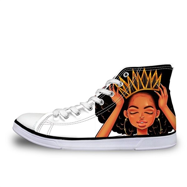 Youwuji Fashion Black Art African Girl Hair Women Afro Printing Woman High Top Canvas Breathable Flats Shoes Autumn Vulcanized Shoes
