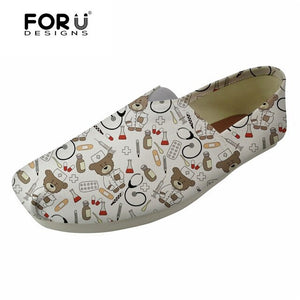 Youwuji Fashion HOT SALE Cute Nurse Bear Pattern Black Women's Flats Shoes Ladies Casual Loafers Shoes Woman Canvas Lazy Shoes Mujer