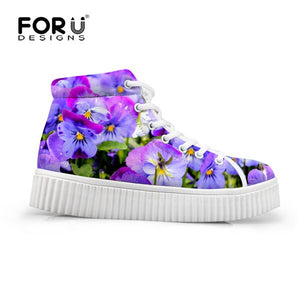 Yowuji Fashion Floral Style Women Flats Platform Shoes 3D Pretty Flower Prints High Top Height Increasing Shoes Woman Ankle Boots