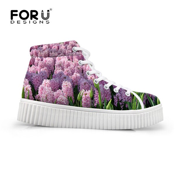 Yowuji Fashion Floral Style Women Flats Platform Shoes 3D Pretty Flower Prints High Top Height Increasing Shoes Woman Ankle Boots