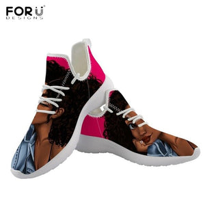 Youwuji Fashion 3D Black Art Afro Women Printing Mesh Knit Sneakers Casual Spring/Autumn Footwear African Print Brand Ladies Shoes