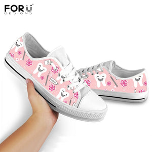 Youwuji Fashion Cute Cartoon Dental/Dentist/Tooth Print Women Shoes Classic Low Top Pink Canvas Shoes Sneaker Casual Ladies Footwear