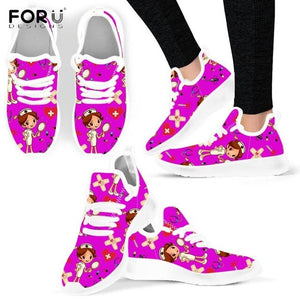 Youwuji Fashion Green Shoes for Women Cute Cartoon Nursing/Doctor Sneakers 2020 Spring Flats Ladies Casual Shoes Mesh Knit Footwear