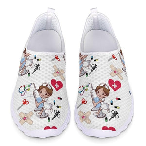 Youwuji Fashion Cute Cartoon Nurse/Doctor/Hospital Pattern Woman Slip On Sneakers Mesh Nursing Shoes for Women Lightweight Footwear