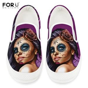 Youwuji Fashion Day of The Dead Skull Face Pattern Casual Slip On Flats Sneakers Comfortable/Breathale Ladies Shoes Female Footwear