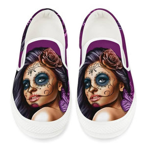 Youwuji Fashion Day of The Dead Skull Face Pattern Casual Slip On Flats Sneakers Comfortable/Breathale Ladies Shoes Female Footwear