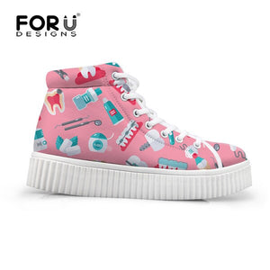 Youwuji Fashion Pink Cute Dentist Brand Designer Women Flats Height Increasing Shoes Ladies High Top Casual Dentista Zapatos Mujer