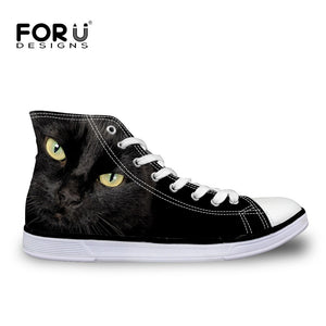 Youwuji Fashion Classic Women High Top Canvas Shoes Stylish 3D Animals Black Cat Printed Vulcanize Shoes Breathable Lace up Flats