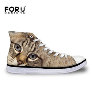 Youwuji Fashion Classic Women High Top Canvas Shoes Stylish 3D Animals Black Cat Printed Vulcanize Shoes Breathable Lace up Flats