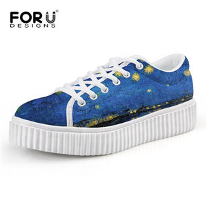 Youwuji Fashion Stylish Art Design Starry Night Printed Women's Flats Casual Creepers Platform Shoes Female Lace Up Boat Shoes Woman