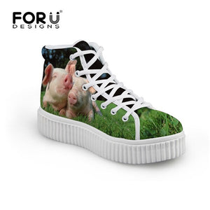 Youwuji Fashion New Fashion Women's Casual Platform Shoes Cute 3D Animal Pig Prints High-top Flats Shoes for Ladies Female Creepers