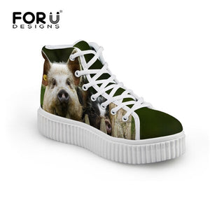 Youwuji Fashion New Fashion Women's Casual Platform Shoes Cute 3D Animal Pig Prints High-top Flats Shoes for Ladies Female Creepers