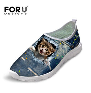 Youwuji Fashion Cute Animal Dog Cat Printing Air Mesh Flat Shoes for Women Ladies Summer Casual Light Denim Shoes Female Girls Flats