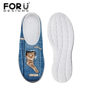 Youwuji Fashion Cute Pet Cat Denim Printed Women Sandals Light Weight Slip-on Summer Beach Water Shoes Female Loafers Breathable